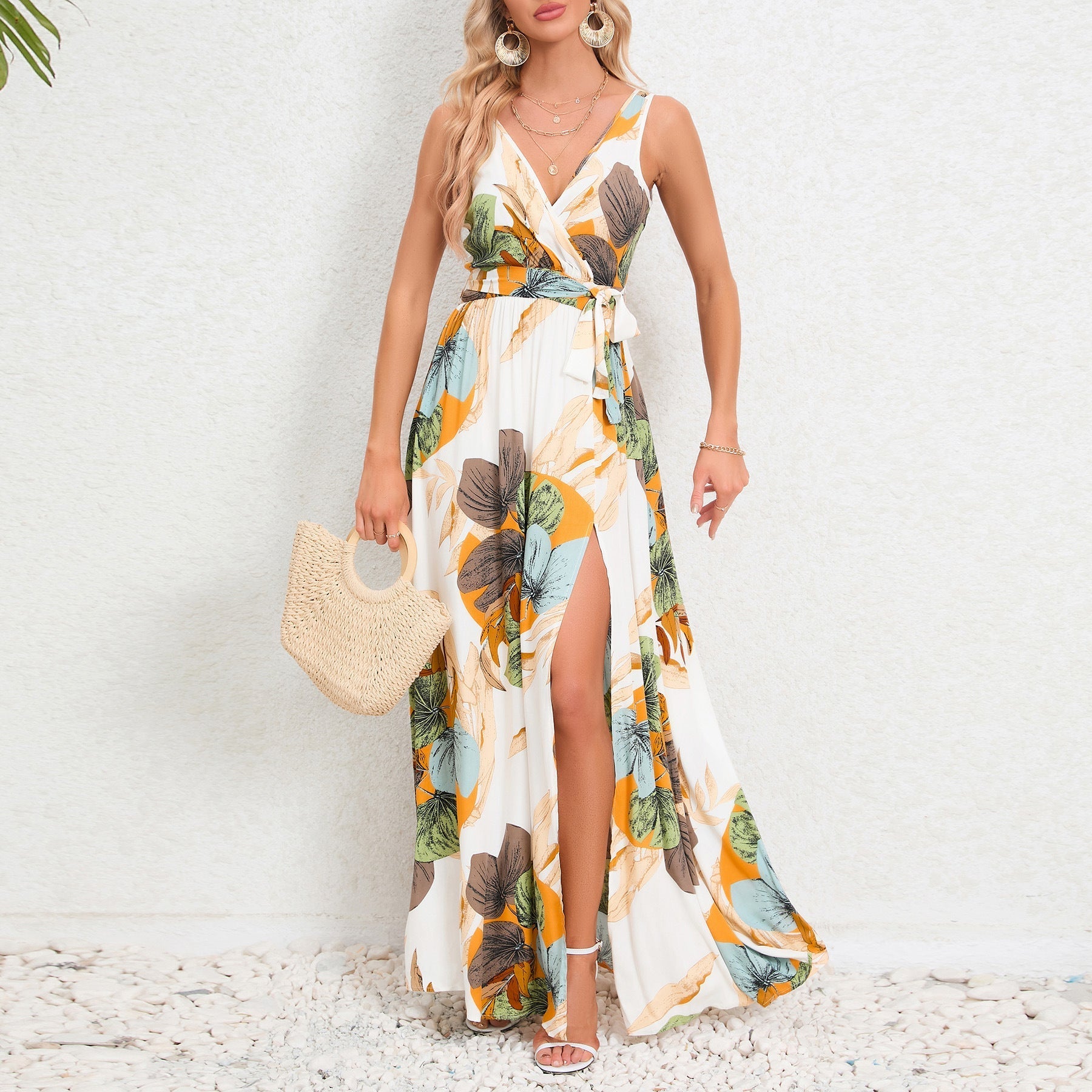 Abito lungo da donna Shirley - Abito floreale con scollo a V, cintura ed elegante spacco