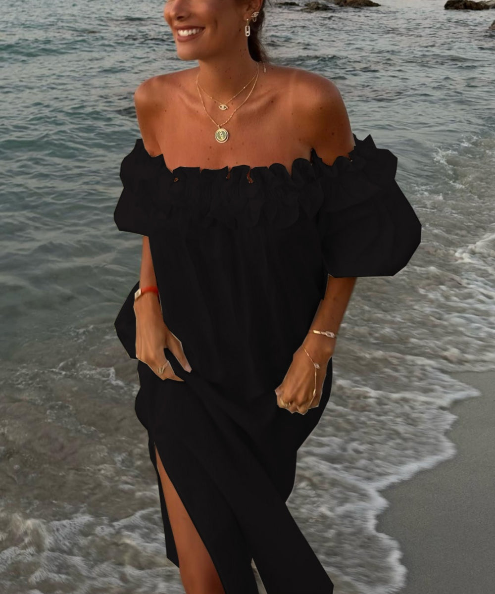 Abito lungo da donna Valentina – Abito in cotone boho con spalle scoperte, volant e scollo Bardot