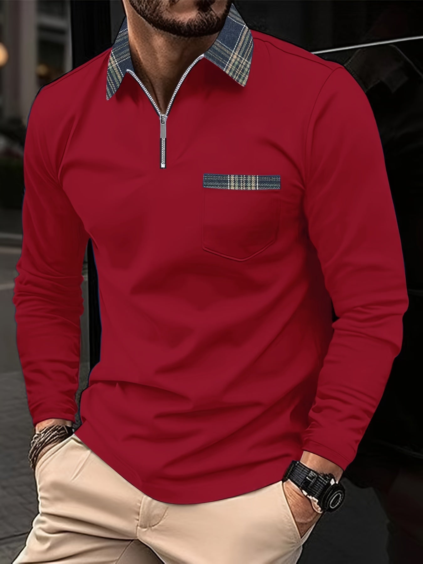 Polo a maniche lunghe Frank – Colletto con cerniera e motivo a quadri, eleganza e comfort per uomo