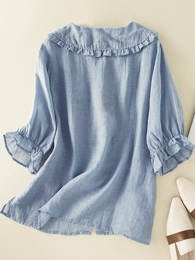Camicetta da donna Jillian - Camicia ampia in cotone e lino con elegante colletto alla Peter Pan con volant