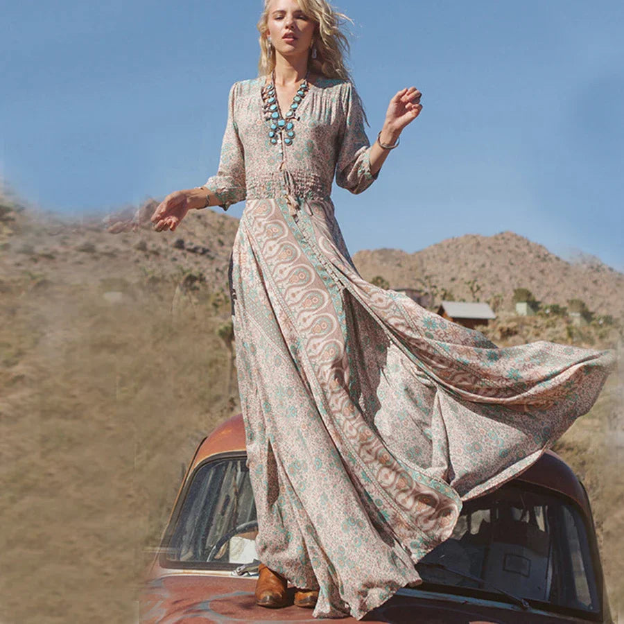 Azaria Robe Longue Bohème – Robe Maxi Femme avec Motif Paisley et Style Fluide Chic