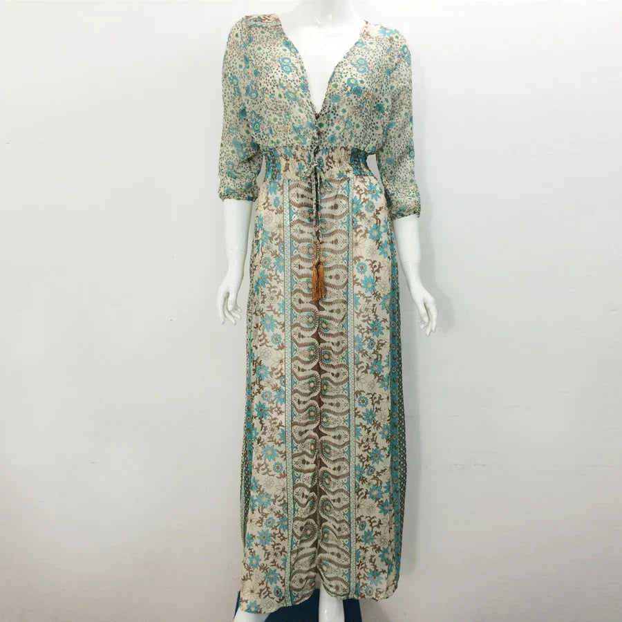 Azaria Robe Longue Bohème – Robe Maxi Femme avec Motif Paisley et Style Fluide Chic
