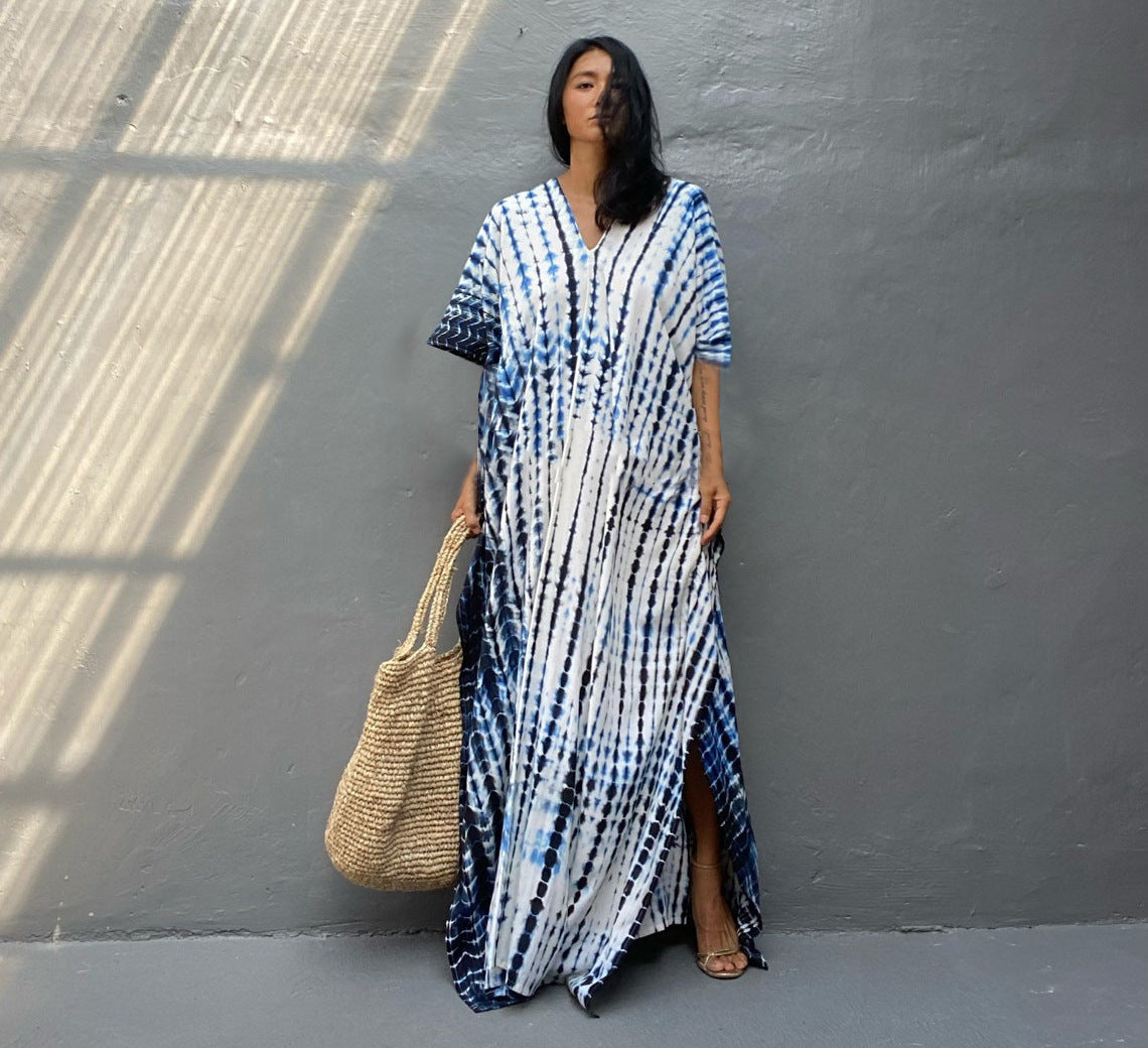 Abito caftano da donna Camille - Lungo, vestibilità ampia, scollo a V - Stile bohémien tie-dye per l'estate