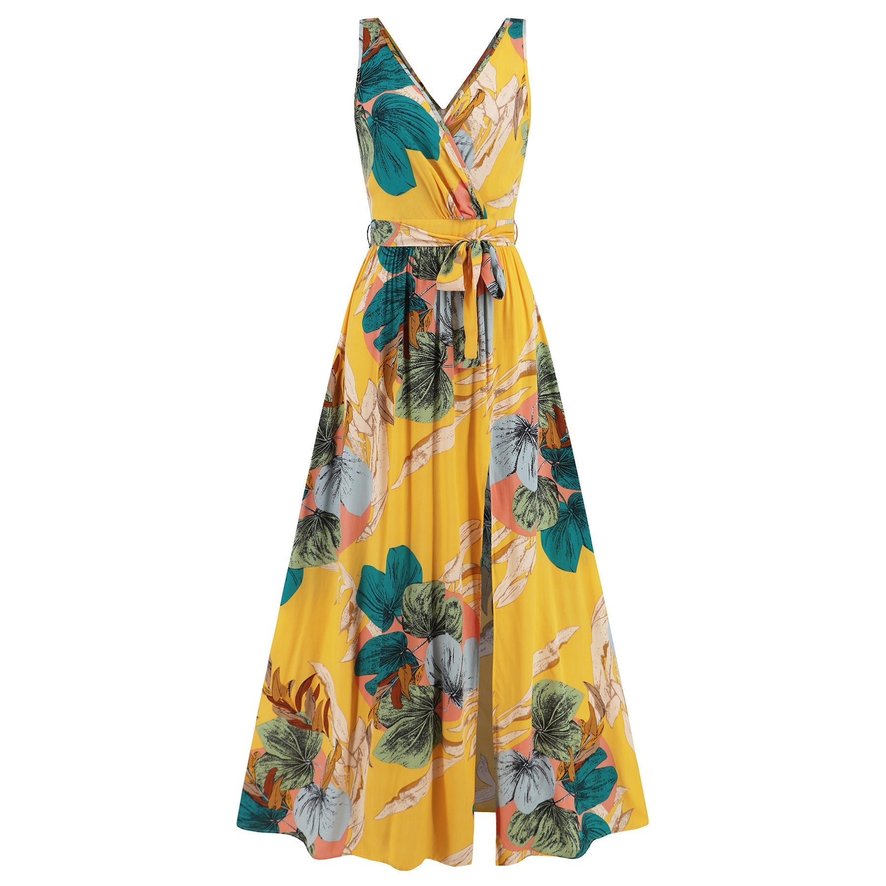 Abito lungo da donna Shirley - Abito floreale con scollo a V, cintura ed elegante spacco