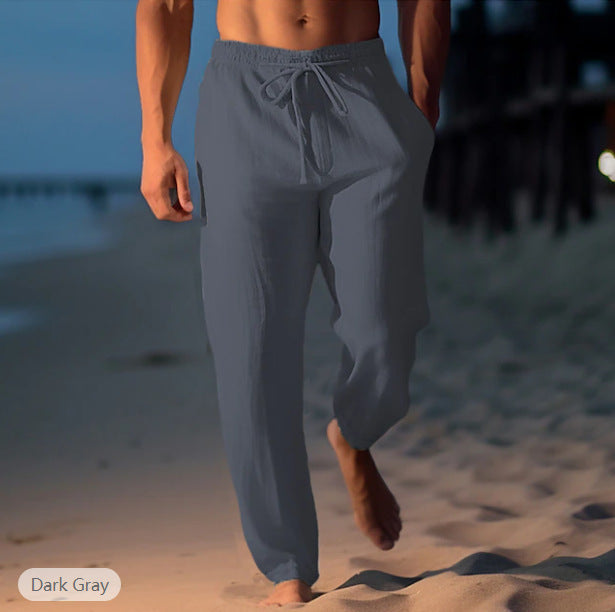 Pantaloni da spiaggia da uomo Sean - Pantaloni estivi in ​​lino azzurro traspiranti con coulisse