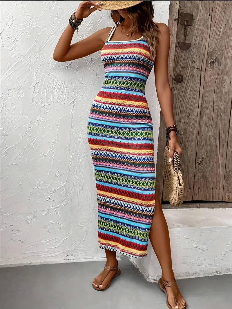 Robe d’Été Femme Piper – Robe Sans Manches à Rayures avec Fente Latérale et Coupe Aérienne