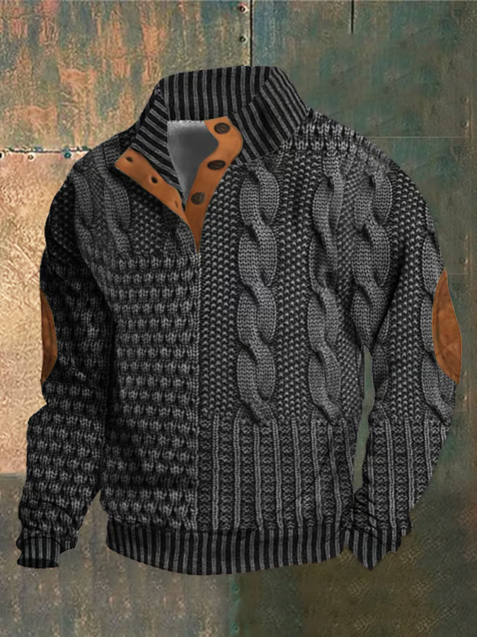 Ramon Pull à Torsades pour Homme – Pull Automne à Col Montant Boutonné en Maille Douce