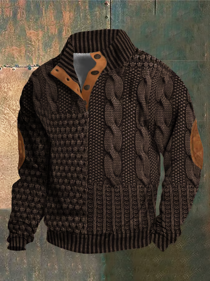 Ramon Pull à Torsades pour Homme – Pull Automne à Col Montant Boutonné en Maille Douce
