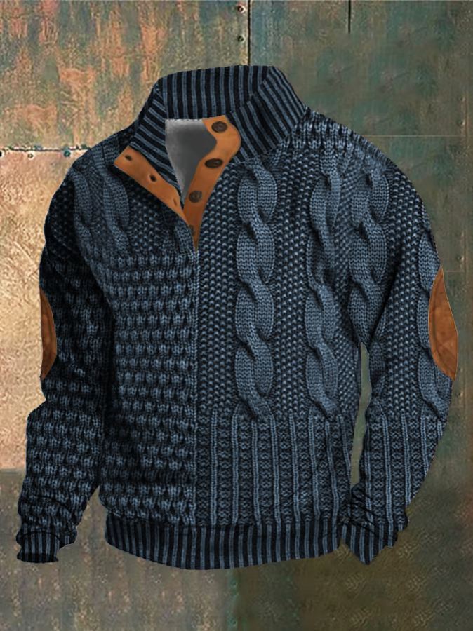 Ramon Pull à Torsades pour Homme – Pull Automne à Col Montant Boutonné en Maille Douce