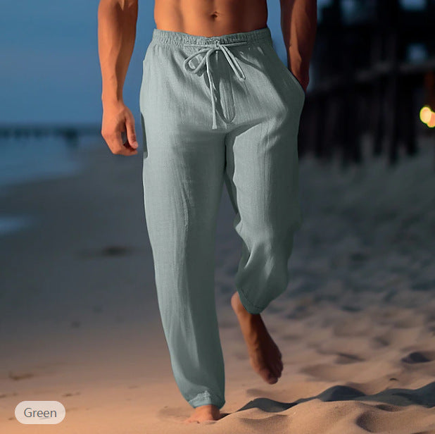 Pantaloni da spiaggia da uomo Sean - Pantaloni estivi in ​​lino azzurro traspiranti con coulisse