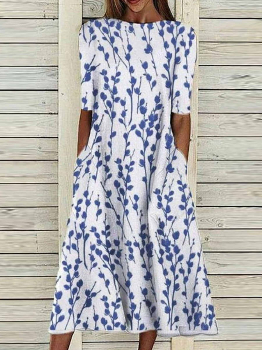 Abito midi da donna Selene - Elegante stampa vegetale e scollo rotondo casual