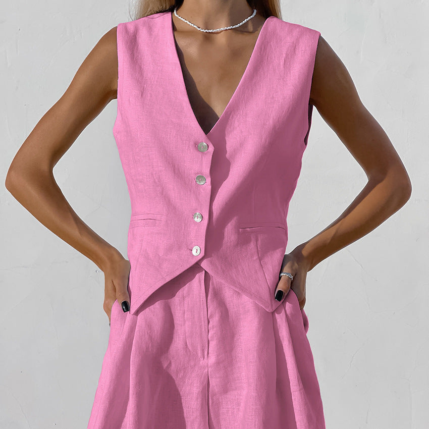 Completo in lino da donna Scarlet - Completo estivo minimalista con gilet e pantaloncini in stile casual chic