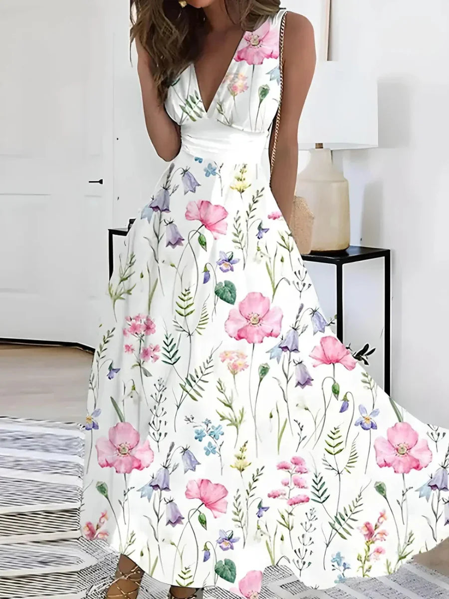 Abito floreale da donna Gwendolyn - Elegante abito leggero con cintura regolabile e scollatura trasparente