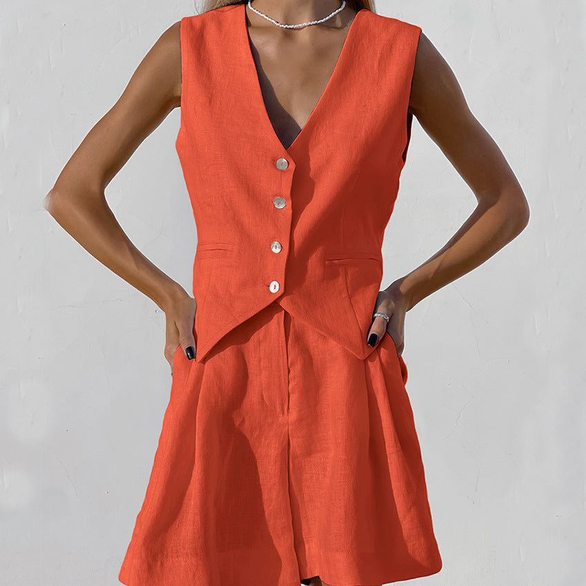 Completo in lino da donna Scarlet - Completo estivo minimalista con gilet e pantaloncini in stile casual chic