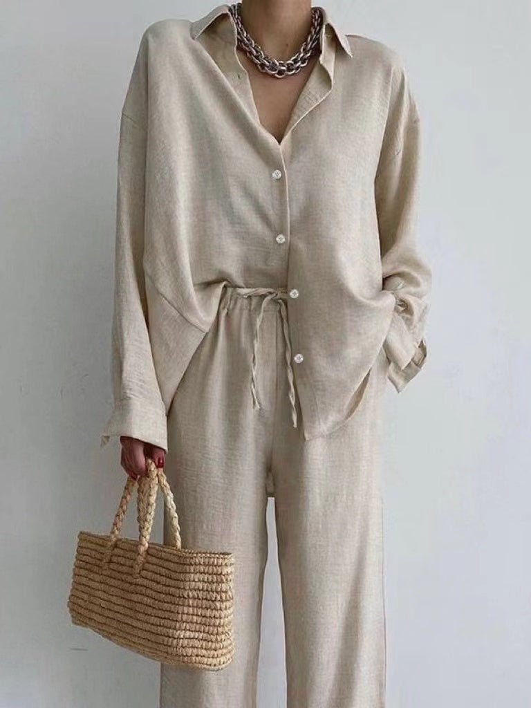 Completo estivo da donna Mei - Elegante completo in lino da due pezzi con vestibilità ampia e comfort traspirante per le donne