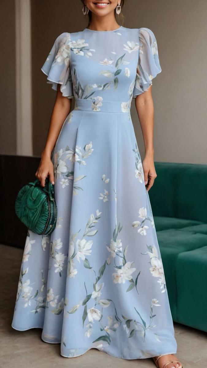 Robe Longue Femme Tyra – Robe d’Été Bleue avec Col Rond, Manches Courtes et Coupe Aérée