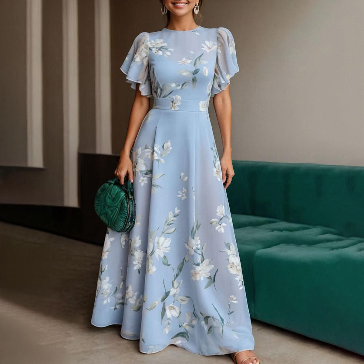 Robe Longue Femme Tyra – Robe d’Été Bleue avec Col Rond, Manches Courtes et Coupe Aérée