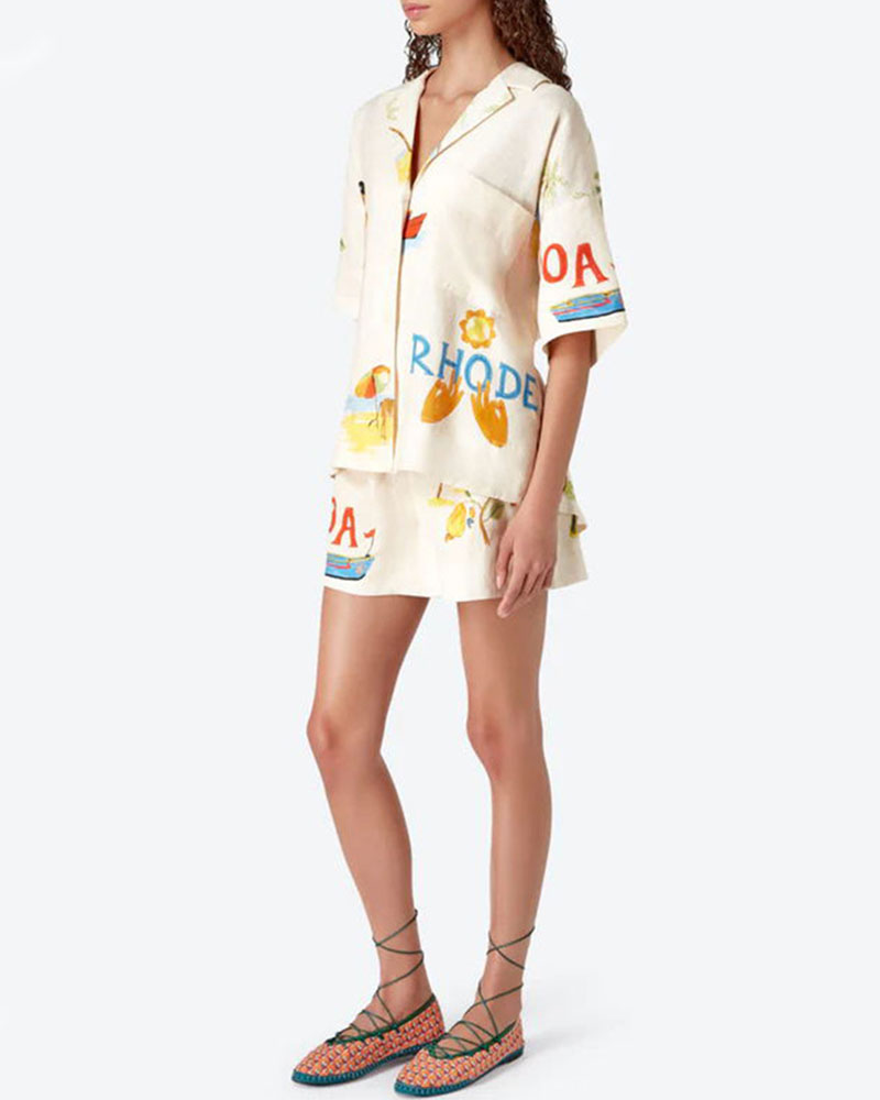 Completo in lino da donna Stella - Completo coordinato con stampa tropicale estiva, camicia leggera e comodi pantaloncini