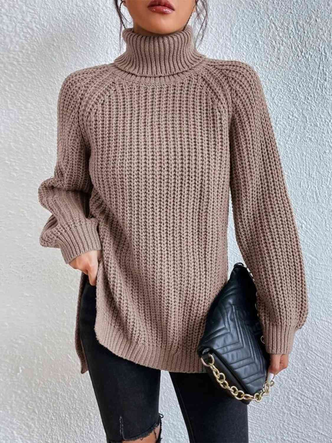Angela Pull Femme – Pull à Col Roulé Côtelé avec Fente Latérale Chic pour Automne/Hiver Élégant