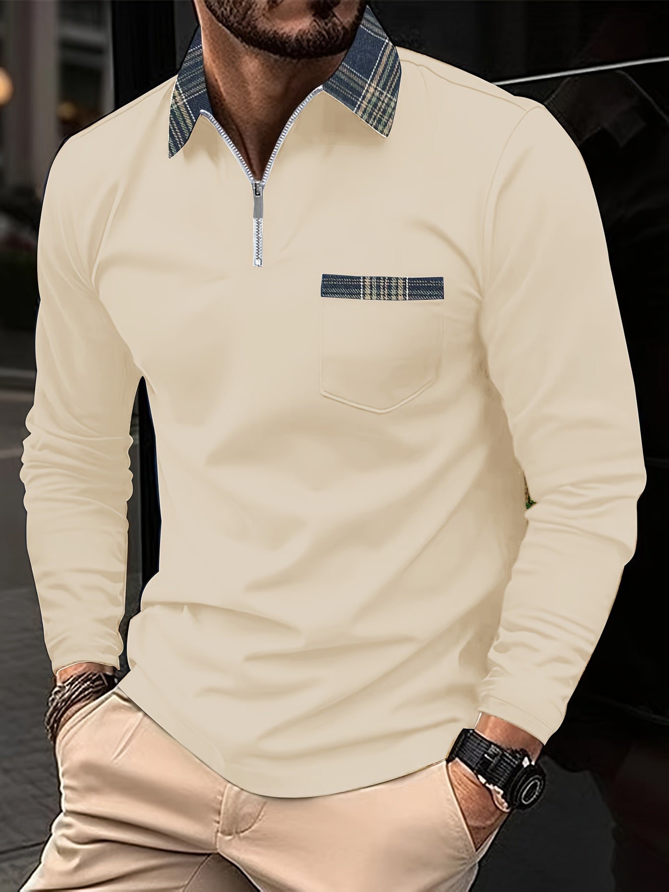 Polo a maniche lunghe Frank – Colletto con cerniera e motivo a quadri, eleganza e comfort per uomo