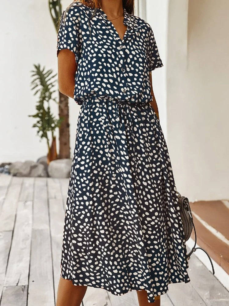 Abito estivo da donna Ulvienne - Abito midi a maniche corte con cintura in vita e stampa alla moda