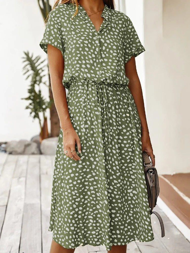 Abito estivo da donna Ulvienne - Abito midi a maniche corte con cintura in vita e stampa alla moda