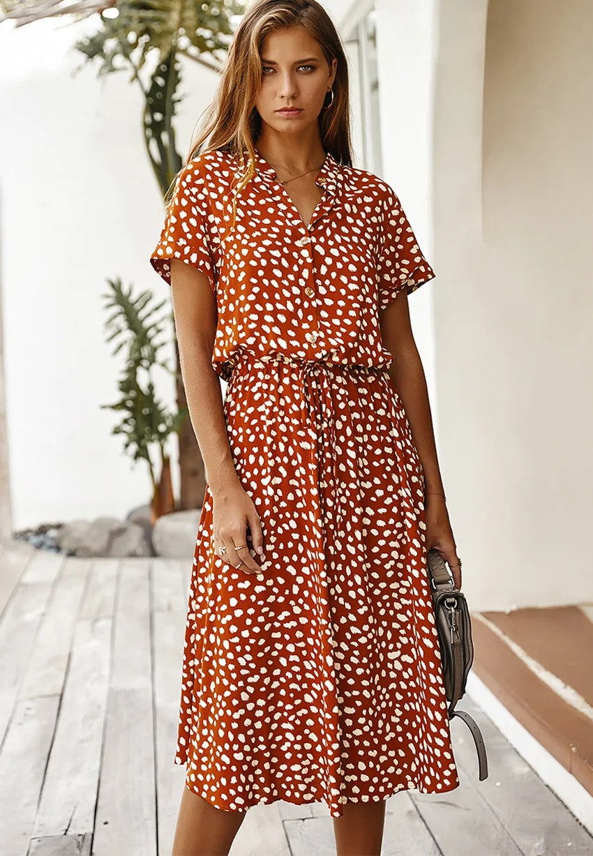 Abito estivo da donna Ulvienne - Abito midi a maniche corte con cintura in vita e stampa alla moda