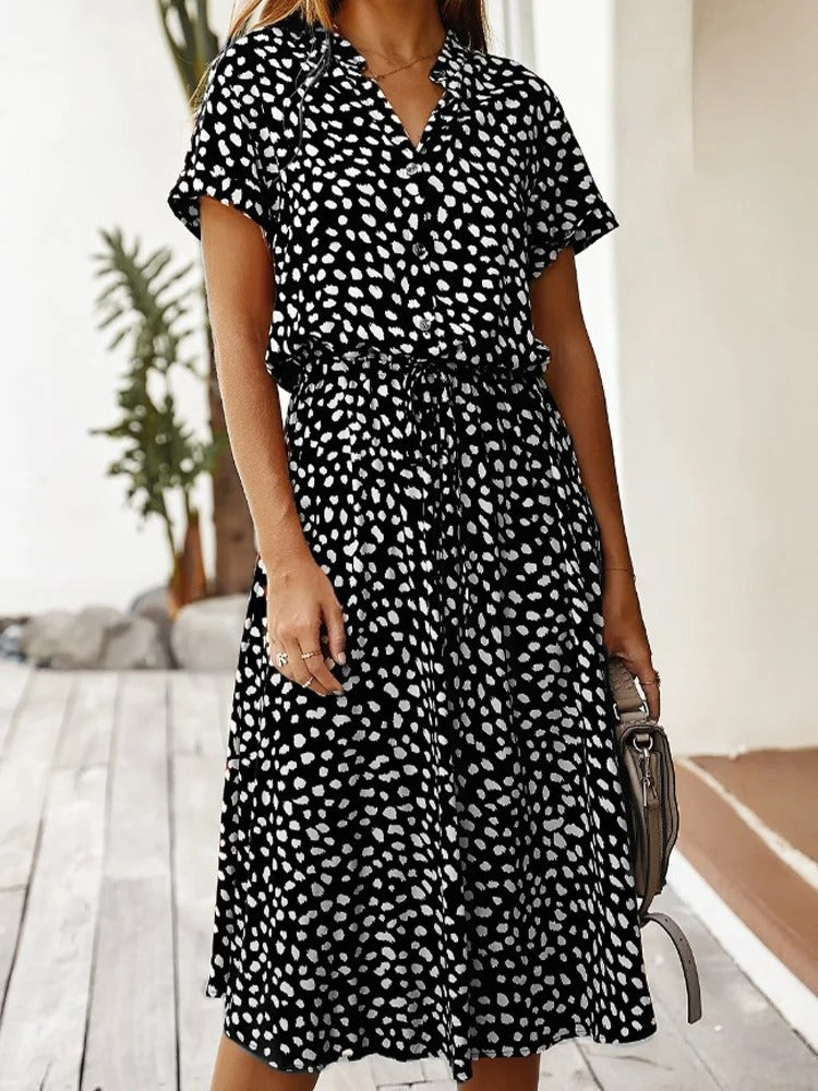 Abito estivo da donna Ulvienne - Abito midi a maniche corte con cintura in vita e stampa alla moda