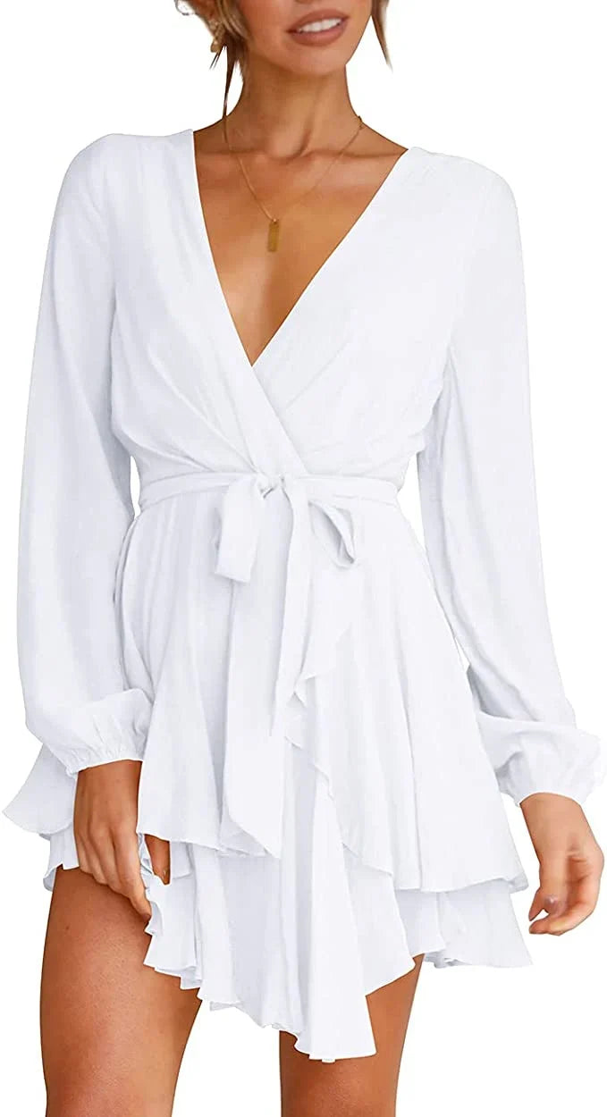 Cléo Robe Femme Courte – Robe Évasée avec Col en V, Ceinture & Manches Longues
