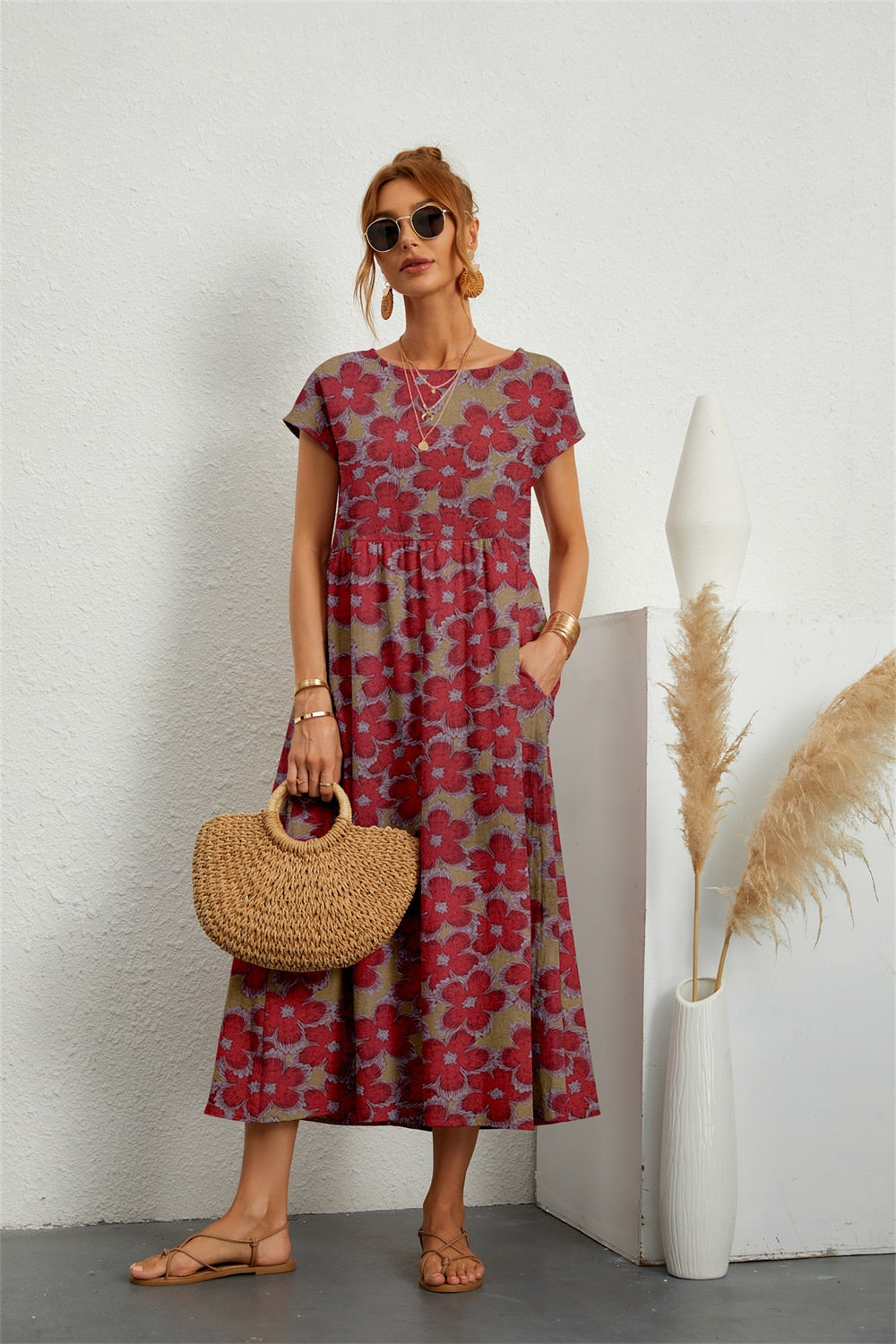 Abito midi da donna Henrielle: elegante stampa floreale, maniche corte e vestibilità comoda