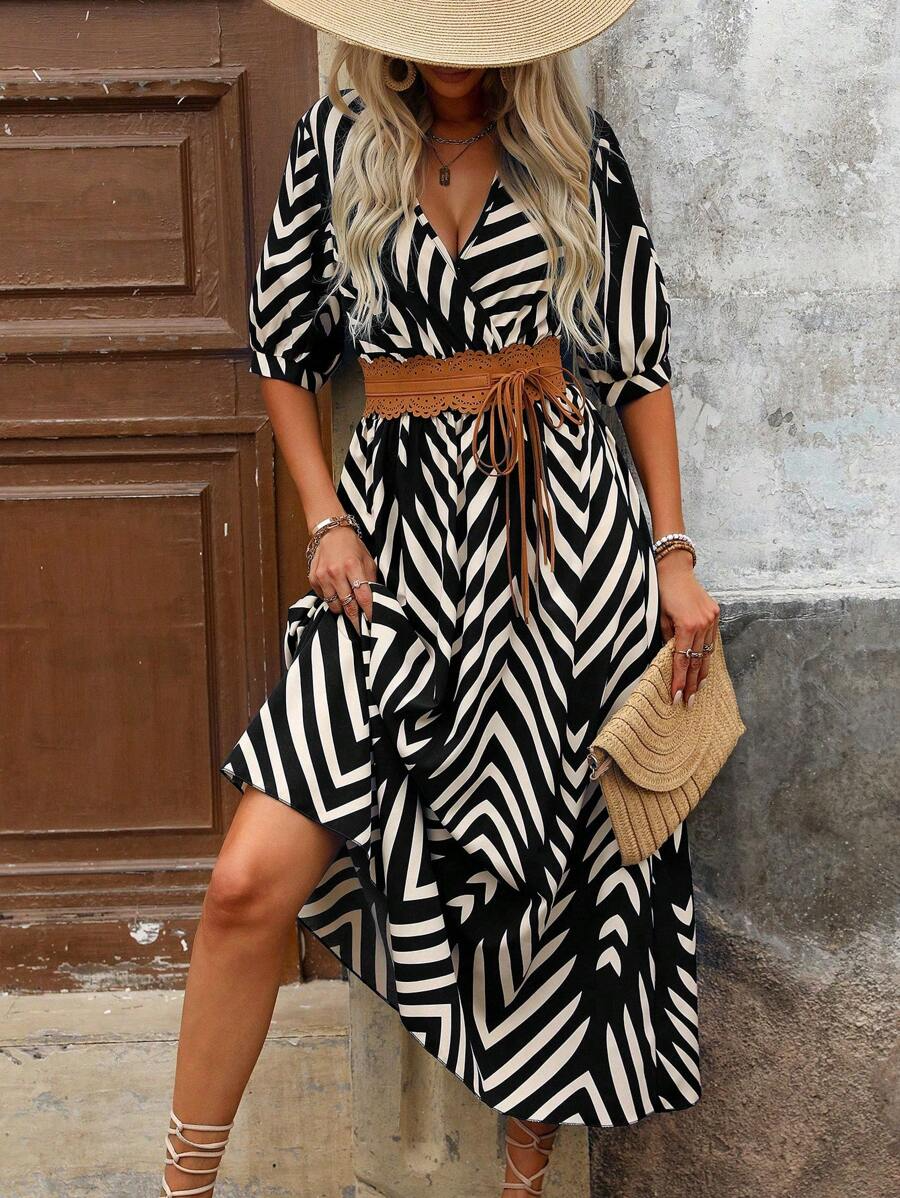 Abito lungo da donna Charlie - Con cintura, stampa grafica chic e vestibilità moderna