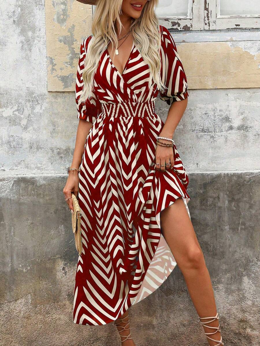 Abito lungo da donna Charlie - Con cintura, stampa grafica chic e vestibilità moderna