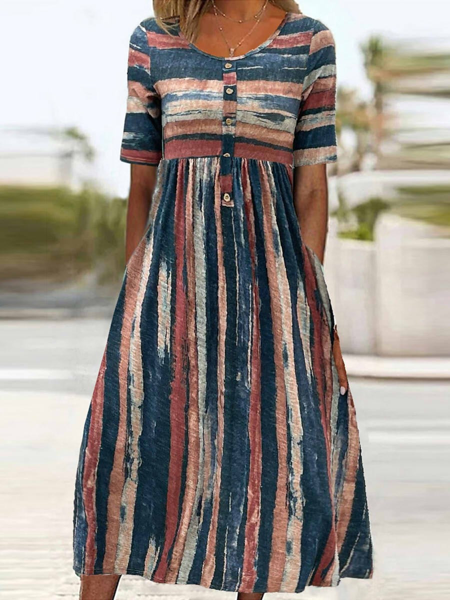 Abito midi da donna Claudia - Casual a righe, scollo rotondo e maniche corte