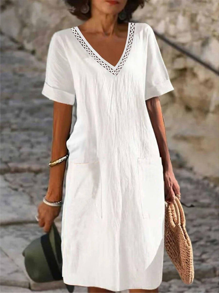 Abito da donna Callie - Scollo a V in cotone bianco, maniche corte e vestibilità dritta
