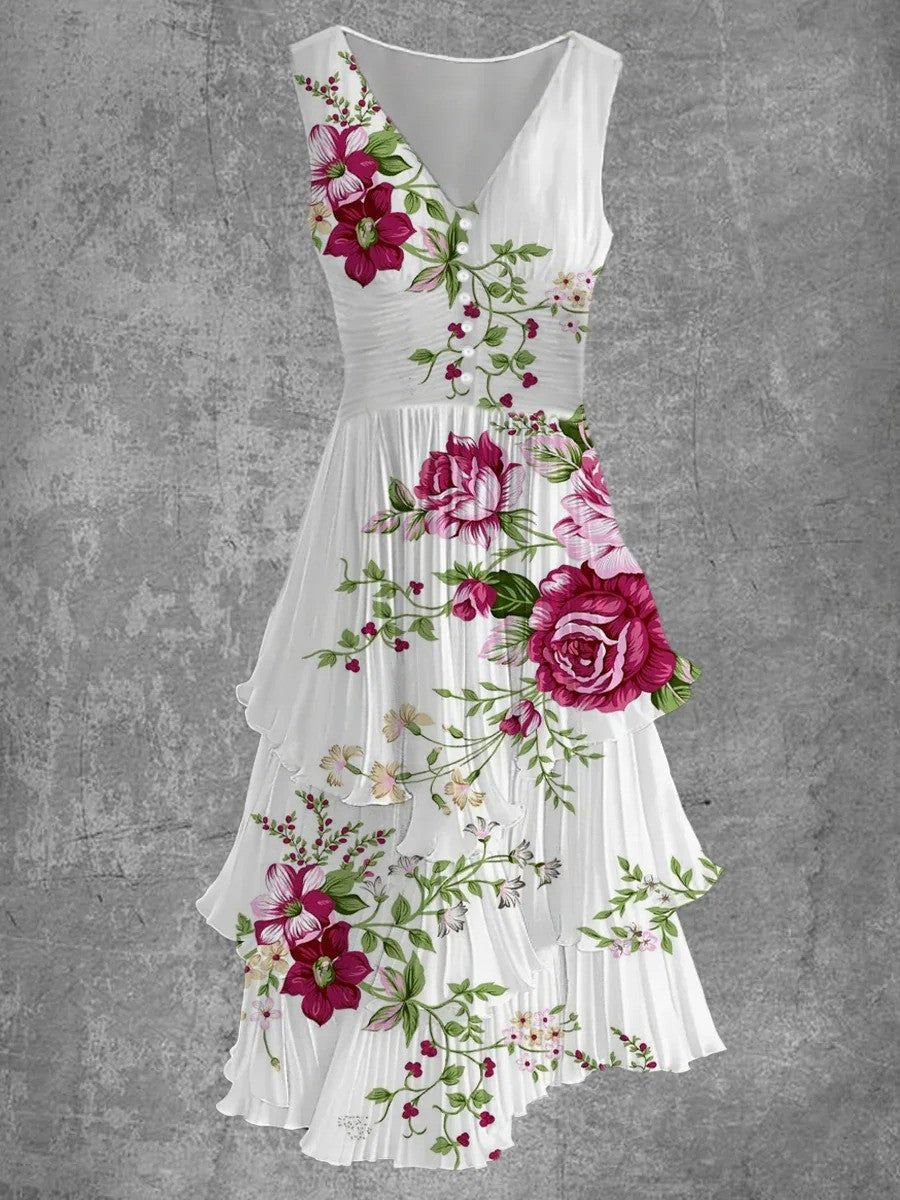 Abito estivo retrò da donna Jaica - Abito midi senza maniche con scollo a V e stampa floreale
