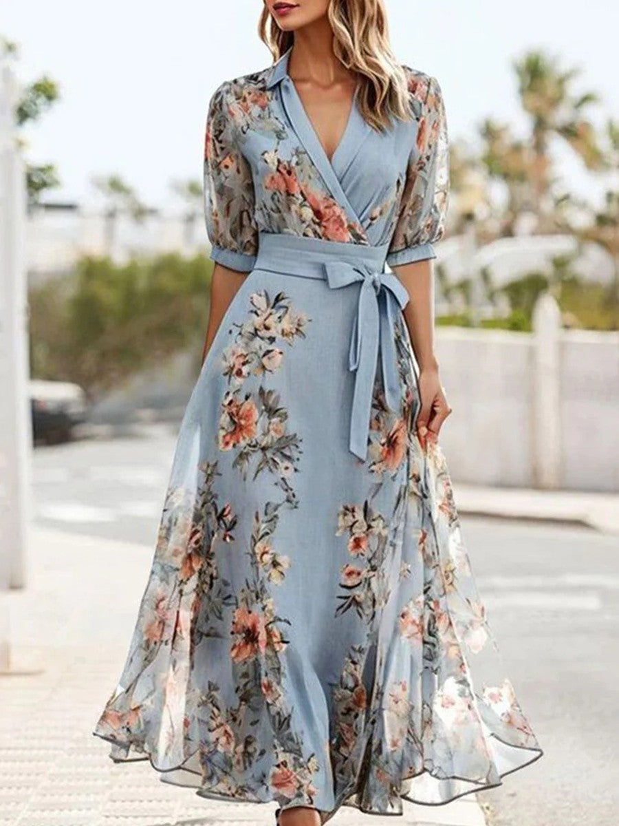 Abito midi da donna Leona – Scollo a V blu, maniche corte e vestibilità comoda