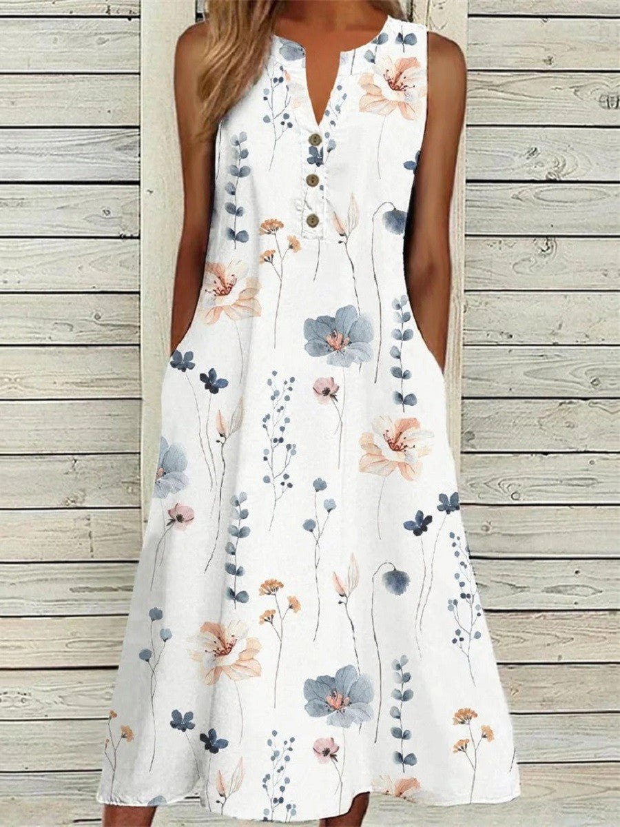 Abito estivo da donna Dorothy – Stampa floreale bianca, senza maniche, scollo a V e lunghezza midi casual