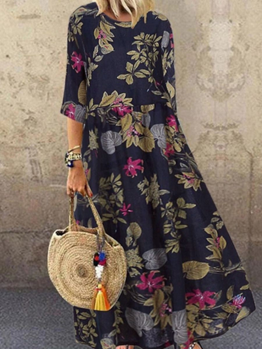 Abito midi da donna Luna – Stampa floreale blu navy, scollo rotondo e maniche lunghe
