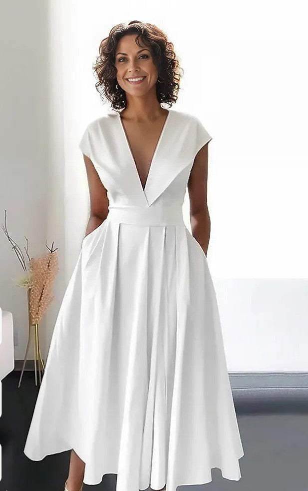 Abito lungo da donna Beatrice - Elegante abito bianco con scollo a V per l'estate e gli eventi speciali