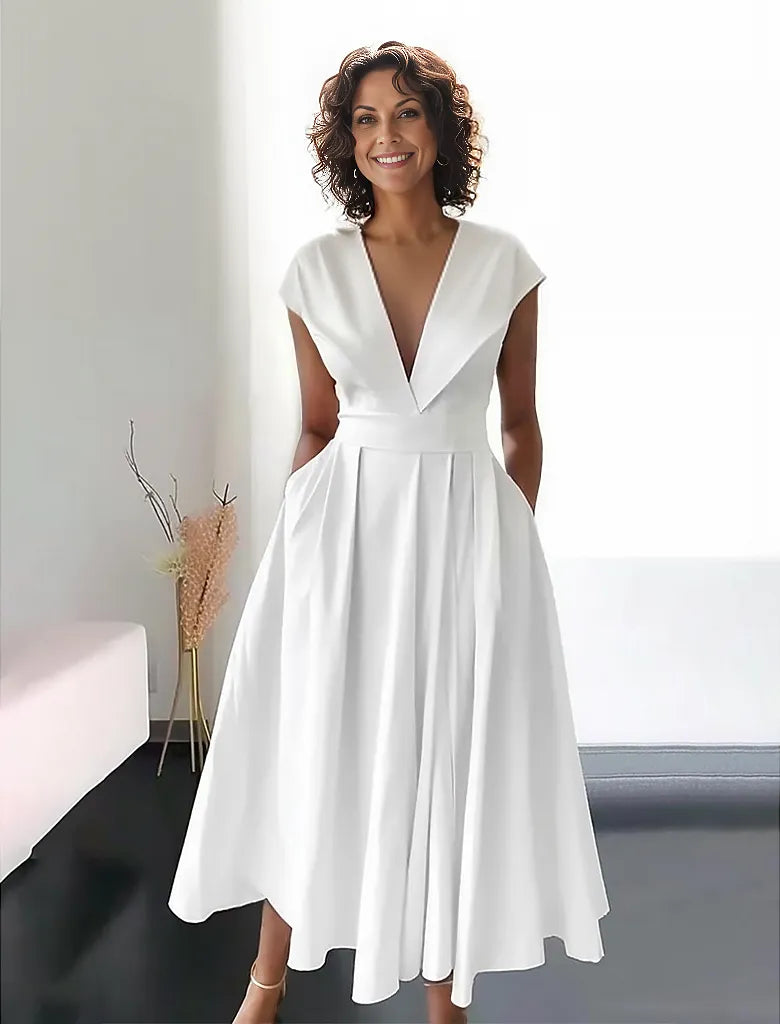 Abito lungo da donna Beatrice - Elegante abito bianco con scollo a V per l'estate e gli eventi speciali