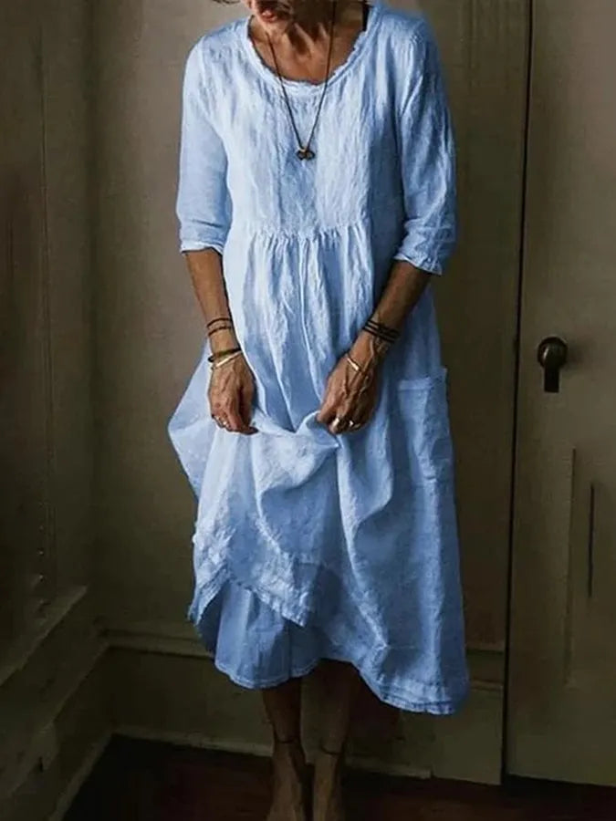 Abito lungo da donna Félesca - Misto cotone e lino leggero, scollo tondo e maniche corte