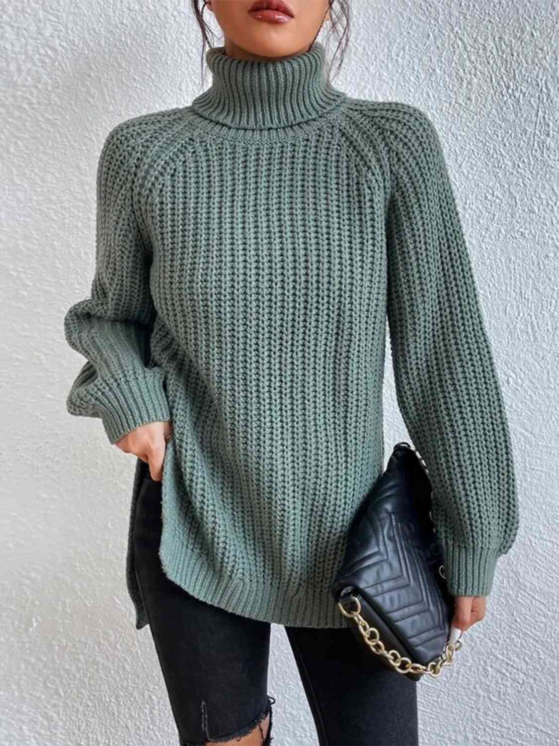 Angela Pull Femme – Pull à Col Roulé Côtelé avec Fente Latérale Chic pour Automne/Hiver Élégant
