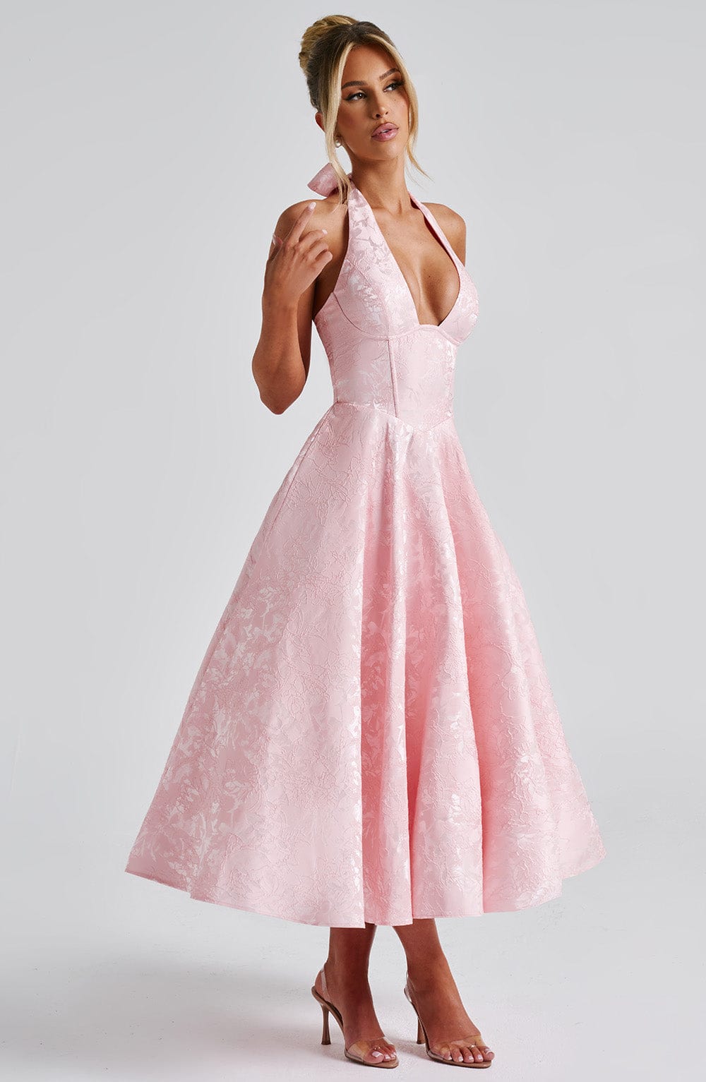 Abito midi da donna Iris – Abito senza schienale in jacquard floreale con corpetto aderente e gonna svasata