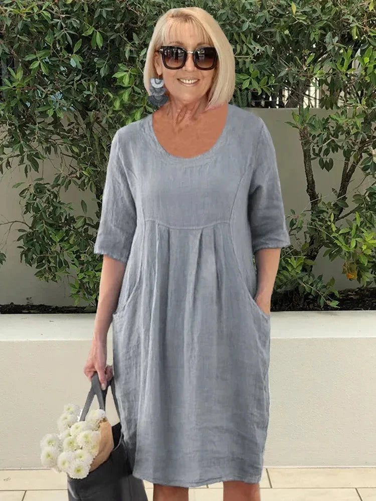 Abito da donna Dorothy - Tunica midi in cotone e lino con tasche pratiche e stile casual