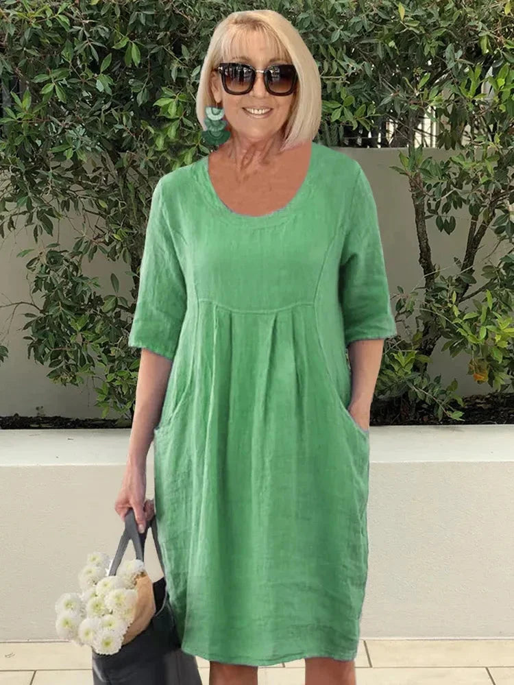 Abito da donna Dorothy - Tunica midi in cotone e lino con tasche pratiche e stile casual