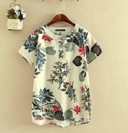 T-shirt da donna Elisse – T-shirt casual con stampa floreale, mix di cotone e lino e dettaglio nodo