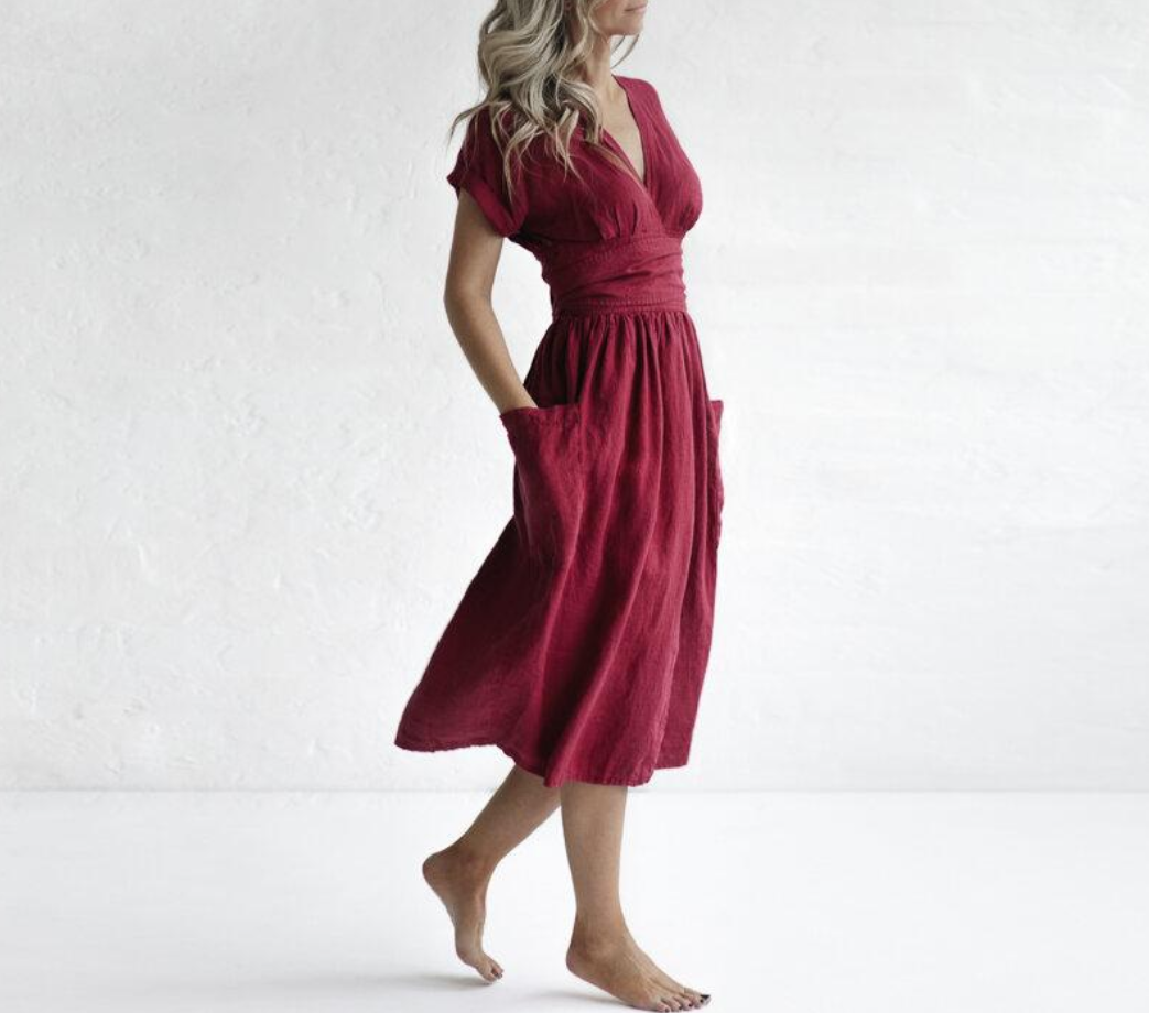 Abito in lino da donna Savannah - Abito avvolgente a maniche corte con vestibilità elegante e rilassata