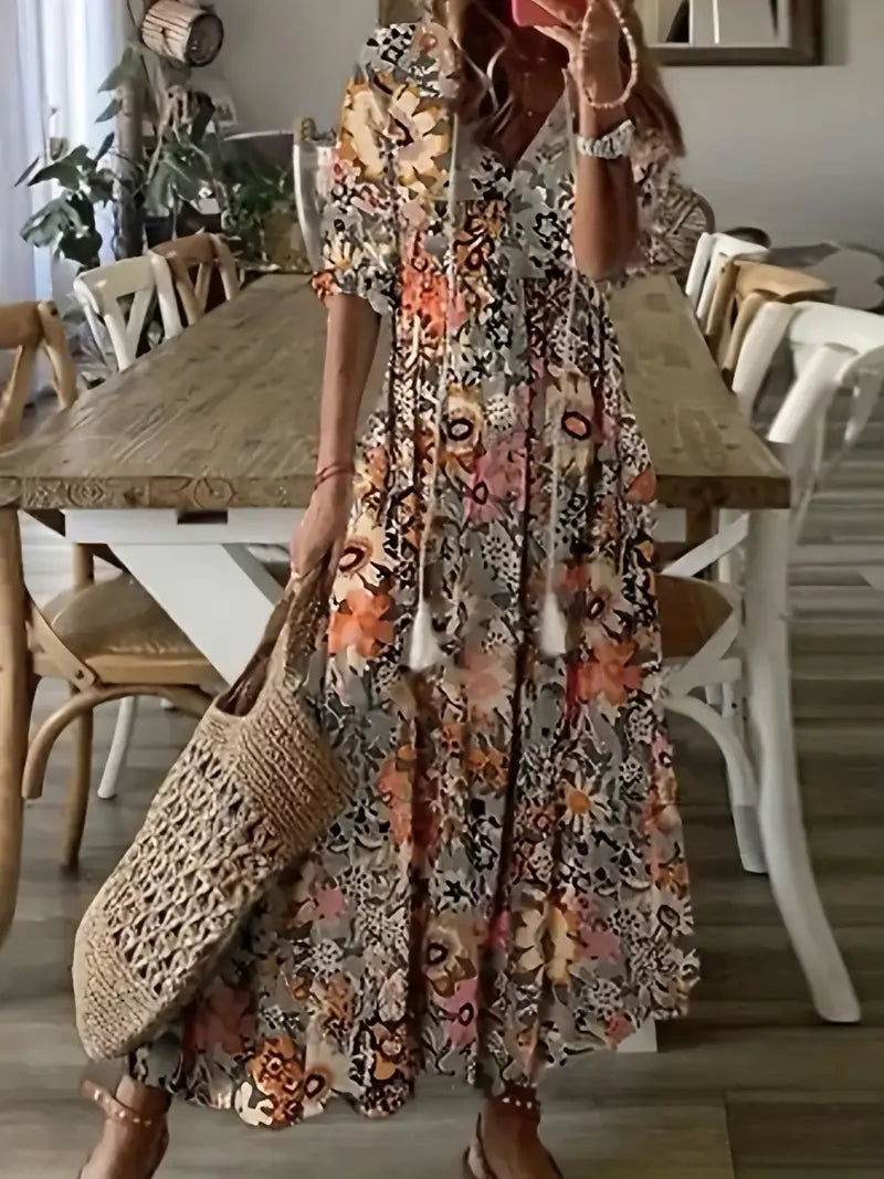 Robe Bohème Femme Charm – Élégante Robe d’Été à Volants avec Col en V & Motif Ikat