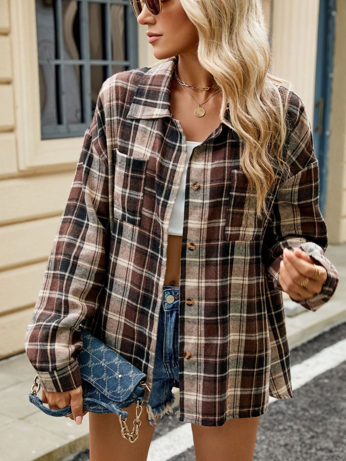 Camicia da donna Ley - Elegante camicia a quadri a maniche lunghe in stile casual chic
