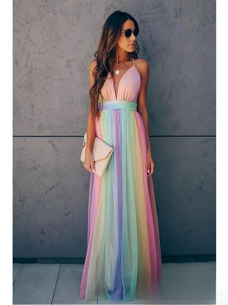 Abito lungo da donna Isabelle - Elegante abito sfumato arcobaleno per un look estivo femminile